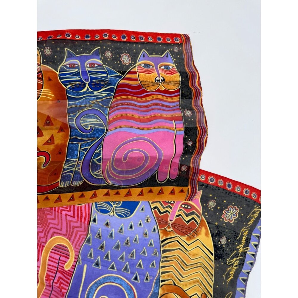 Laurel Burch "Feline Family Portrait" 100% Silk Scarf Vibrant Multicolor Cat Des - Picture 10 of 14